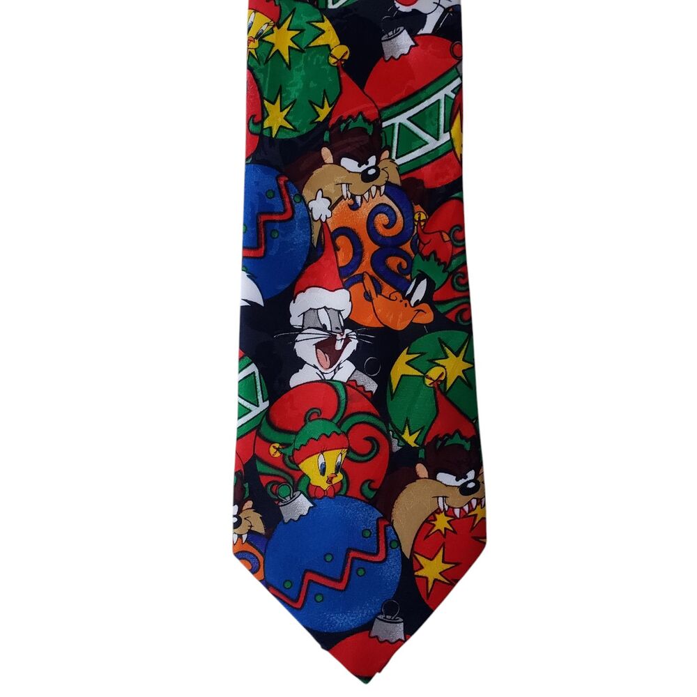 VTG Looney Tunes Mania Christmas Bulbs Neck Tie Holiday Cartoon 90s